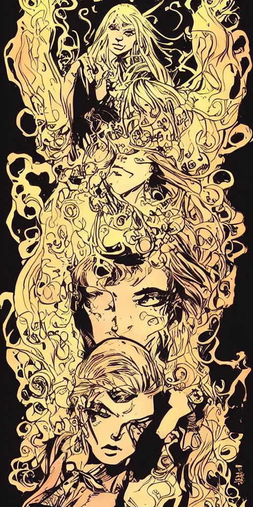 Prompt: “ a woman with golden hair, beautiful, art by paul pope ”