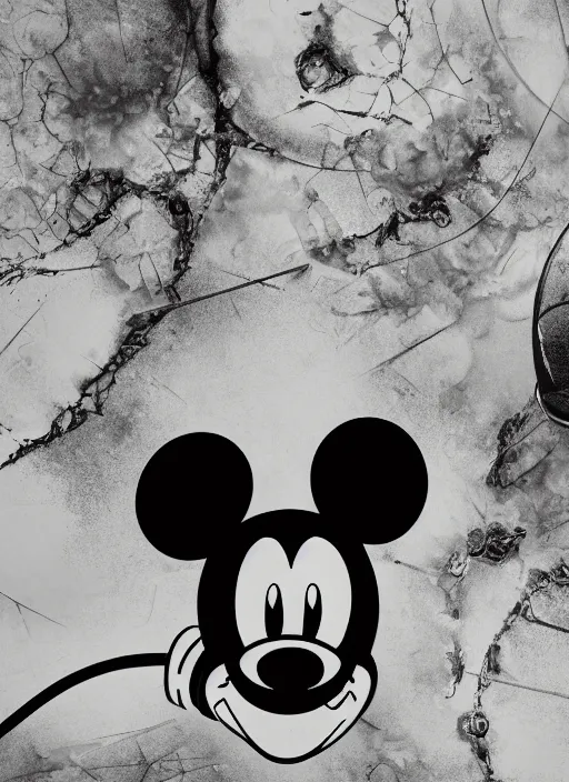 Image similar to mickey mouse, gas mask, fractal, leathery, wet, broken, melting, rococo, mycelium, baroque, sumerian, radiant alien, magic kingdom, octane render, high detail