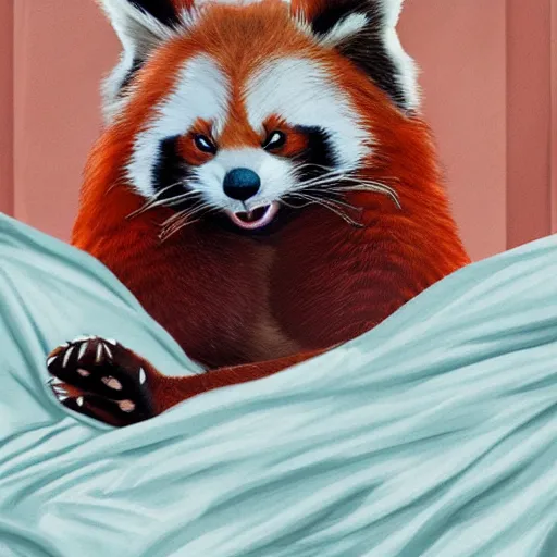 Image similar to commissioned full body portrait of an anthro!! red panda waking up in bed! and yawning, trending on furaffinity,