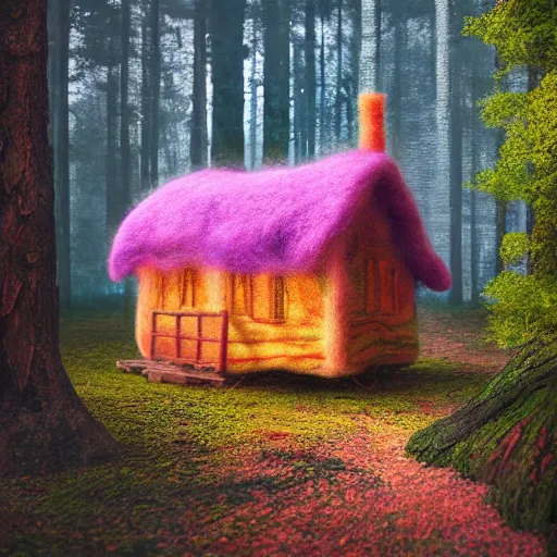 Image similar to small wooden house in the middle of enchanted forest, bright colours, watercolor, volumetric wool felting, macro photography, children illustration, by mike winkelmann