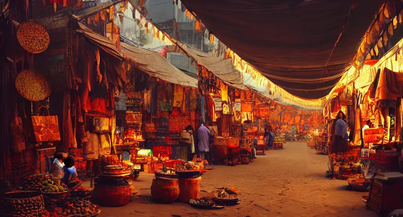 Image similar to bazaar in delhi. art by salman toor. global illumination, radiant light, detailed and intricate environment, atmospheric light, cinematic, trending on artstation