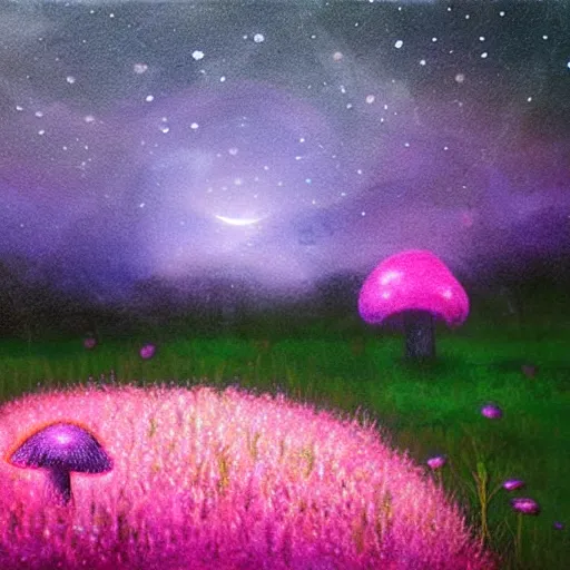 Image similar to field of luminescent pink and blue mycena fungi, emitting spore clouds, midnight, moonlight, fantasy art, mysterious, magical, hyperrealistic, detailed, soft lighting, fireflies