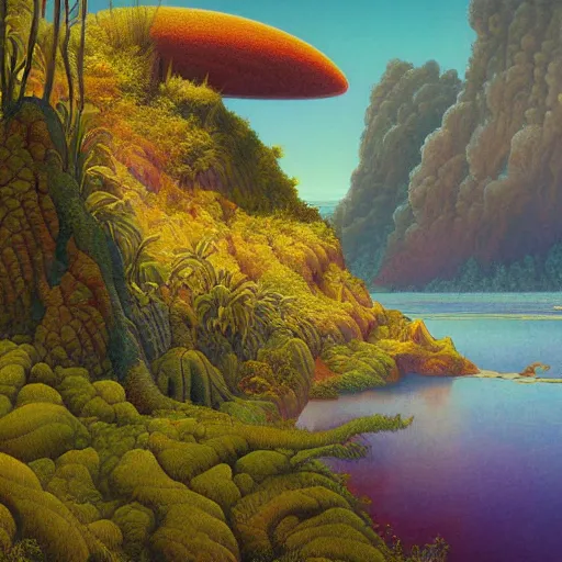 Image similar to digital painting of a lush natural scene on an alien planet by gerald brom. digital render. detailed. beautiful landscape. colourful weird vegetation. cliffs and water.