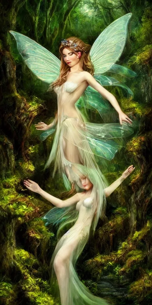 Image similar to epic oil painting of a beautiful fairy with a beautiful face and flawless skin wearing a gauze dress, landing on a mushroom in the forest, moss, fog