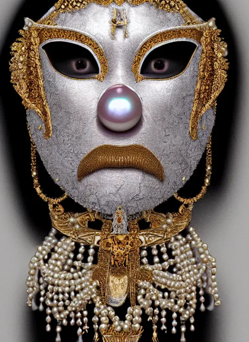 Image similar to hyperrealism, detailed textures, award winning autochrome photo, symetrical japanese pearl, beautiful dreaming voodoo pearl queen, autochrome pearl portrait, pearl silverplate, intricate, detailed facial pearl scary animal mask, pearl, golden jewelery, silverplate, ultra realistic, cinematic, intricate, cinematic light by steve mccurry, unreal engine 8 k