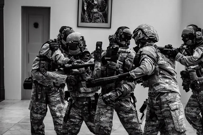 Image similar to Mercenary Special Forces soldiers in grey uniforms with black armored vest and black helmets fighting inside a mansion in 2022, Canon EOS R3, f/1.4, ISO 200, 1/160s, 8K, RAW, unedited, symmetrical balance, in-frame, combat photography