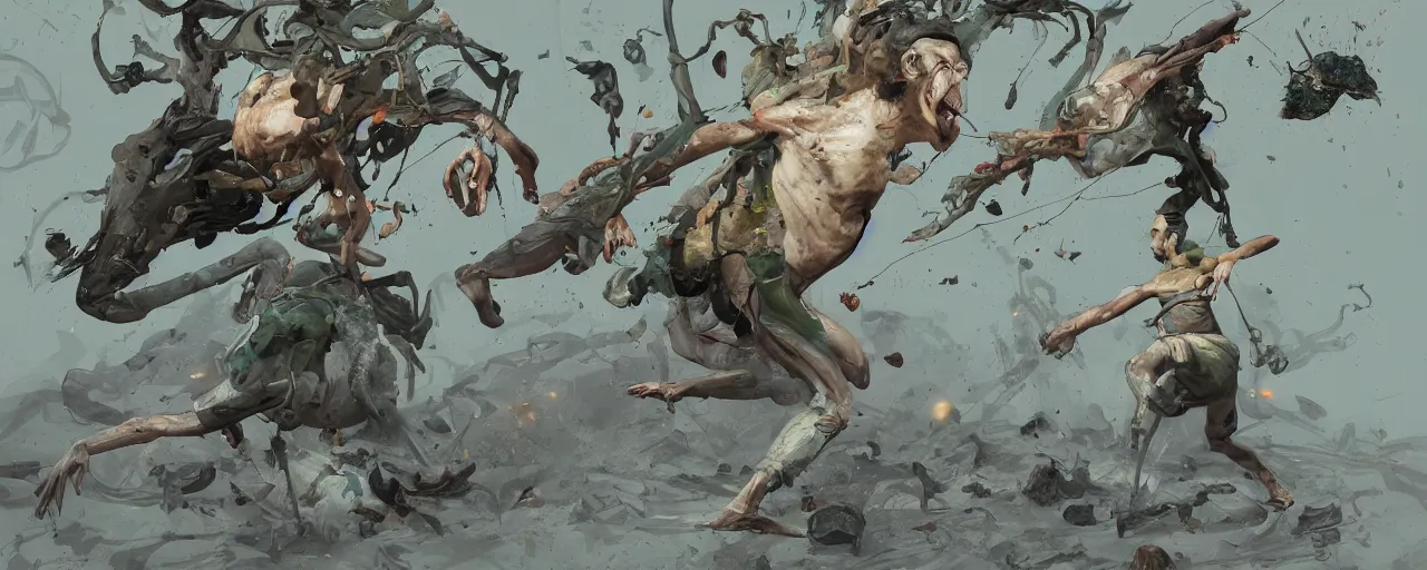 Image similar to duotone olive green grey illustration 3 / 4 portrait of gollum kun fu fighting with giant insects. dynamic chaotic composition accidental renaissance golden ratio. by sachin teng and sergey kolesov and ruan jia and heng z. graffiti art, scifi, fantasy, hyper detailed. octane render. concept art. trending on artstation