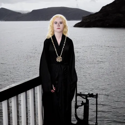 Image similar to a blonde woman in a black robe lying on the deck of a ship, a beautiful english woman with a long face narrow nose pale skin blue eyes red lips and wild messy tangles of curly white blonde hair, high resolution film still wearing a black robe and skull necklace, sandy, a journey to the west