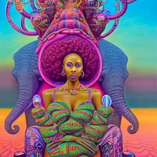Prompt: a regal and elegant african queen with a colorful curly afro sitting in a cabana on top of an extremely large steampunk elephant near a pink lake with a large glowing baobab tree, by amanda sage and alex grey and evgeni gordiets in a surreal psychedelic style, oil on canvas 8k, hd
