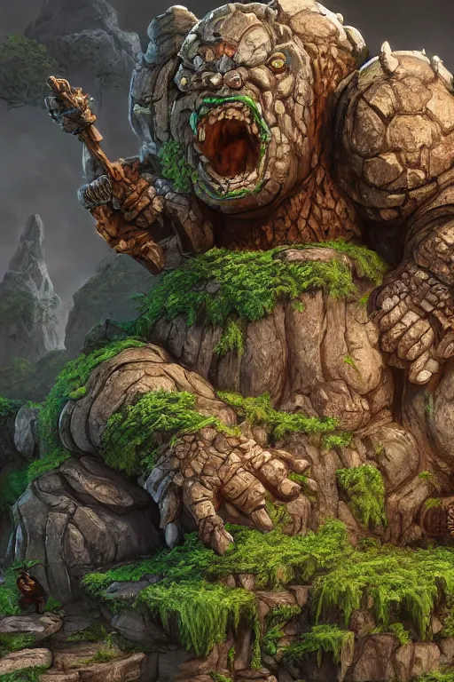 Image similar to zelda fantasy art giant golem troll wood rock greeble gemstone, global illumination ray tracing hdr fanart arstation by sung choi and eric pfeiffer and gabriel garza and casper konefal