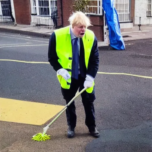 Image similar to A fine art painting of Boris Johnson doing community service in a high vis vest, he is picking litter on a British street
