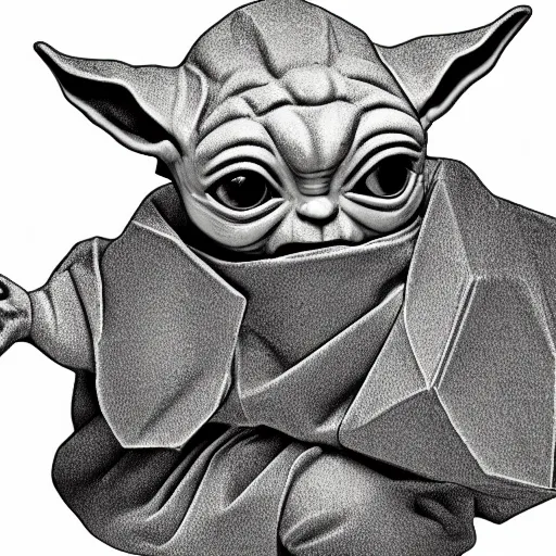 Prompt: Leonardo DaVinci grayscale pencil sketch of low polygon cute baby yoda