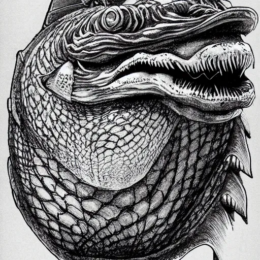 Prompt: a giant 3 eyed carp by kentaro miura