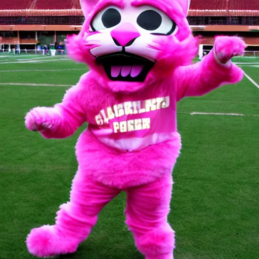 Prompt: sports team mascot, pink panther mascot costume, seals, the pink panthers, football mascot, anthropomorphic pink panther or cougar HD official photo, high quality costume, detailed fur, detailed material, NFL