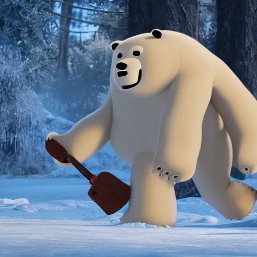 Prompt: ice bear as a robot with an axe from we bare bears in san fransisco, 8 k, weta pixar disney hyper realistic lifelike raytraced cinematic still photography