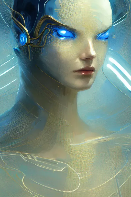 Image similar to detailed portrait glam cyber noun, attractive feminine curves, intricate, scifi, futuristic, elegant cape, elegant, alien room background, white, blue, gold, photorealism, intricate line drawings, by craig mullins, ruan jia, kentaro miura, greg rutkowski, loundraw