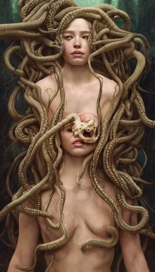 Prompt: epic masterpiece medusa, sweaty skin, hyperrealistic, octane render, cinematic, beautiful face and flawless skin, perfect hands, 5 fingers, by Edgar Maxence and Ross Tran and Michael Whelan, Legends of Runeterra