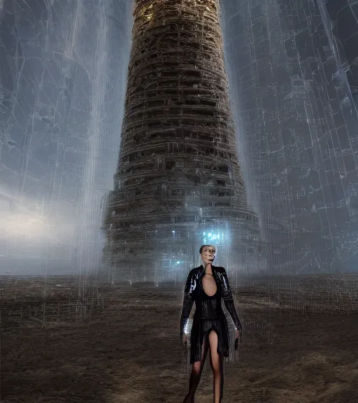 Image similar to tarkovsky greatest scene, the ancient destroyed majestic tower of babylon, woman in futuristic cyber clothing, transparent puffer jacket, hyper realistic, blockchain, cyber world, ambient lighting, concept art, intricate, hyper detailed, smooth, dynamic volumetric lighting, octane, ray trace, cinematic, high quality, high resolution, 4 k, cgsociety