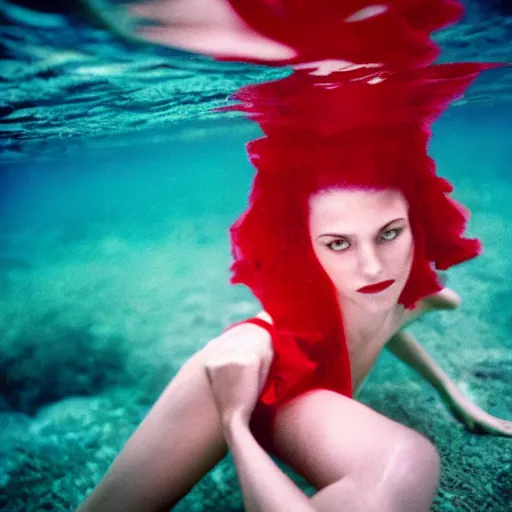 Image similar to beautiful portrait of fashion model in red silk underwater, 35mm film