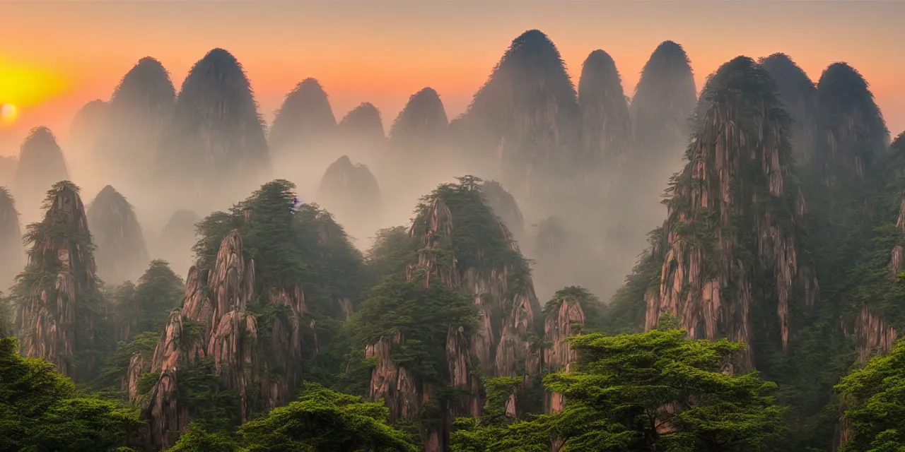 Prompt: sunset over misty huangshan's temples, artwork by archibald thorburn