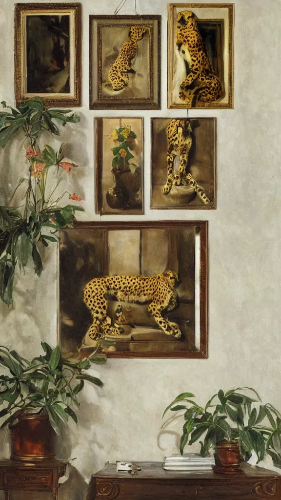 Prompt: a cheetah in vintage room, 3 frames hanging out of wall, pot of palms painting by john singer sargent