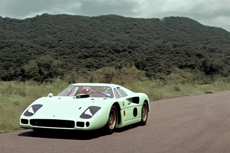 Image similar to vintage archival race footage of a single 1955 Ferrari F40, with elements of the De Tomaso Pantera, Lotus, GT40, BMW M1, and Countach, movie still, speed, cinematic Panavision 5384 film