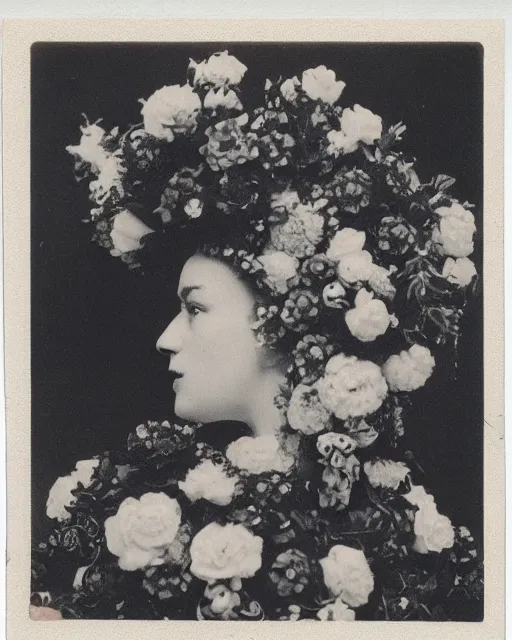 Image similar to a beautiful detailed front view portrait of marge simpson with baroque ornate growing around, flowers, plants, ornamentation, elegant, beautifully soft and dramatic lit, 1 9 1 0 polaroid photo