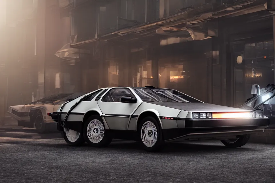 Image similar to ultra realistic delorean dmc 5, dark cinematic, volumetric, realistic, 3 d render, realistic render, cinematic lighting, volumetric lighting, atmospheric, cinematic, unreal engine 5, unreal engine render, octane render, hd, photorealism, hyper realistic, photo, 8 k