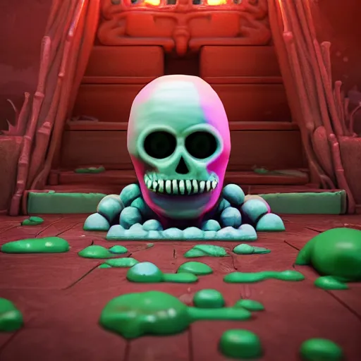 Image similar to slime lord king of the slime universe, skeleton, full body included, wide shot, 1 4 mm lens, f 2. 8, goopy, goop, fluids, soft tissue, subsurface scattering, reflections, ambient occlusion, raytracing, unreal engine 5, pixel art 8 - bit, by beeple