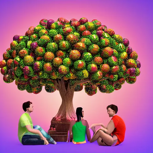 Prompt: cyber humans under a tree, holding huge interesting elaborate coloured fruits. in the style of Michelangelo, with liberty and flemish baroque mixed media details. vibrant vivid 3d textures in natural pastel tones. matte background HD 8x