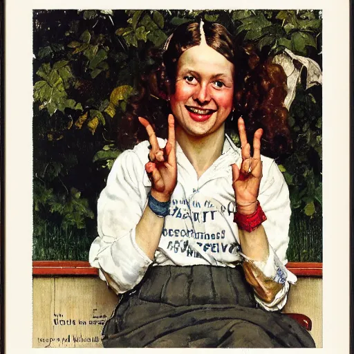 Image similar to a portrait of svika pick smiling while doing a peace sign, by norman rockwell