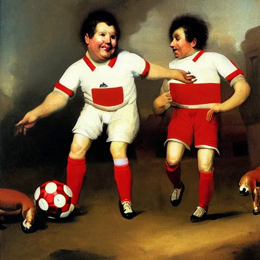 Prompt: a painting portrait of antropomorphic hot dogs in arsenal soccer jerseys playing football, happy, goya, kinkade,