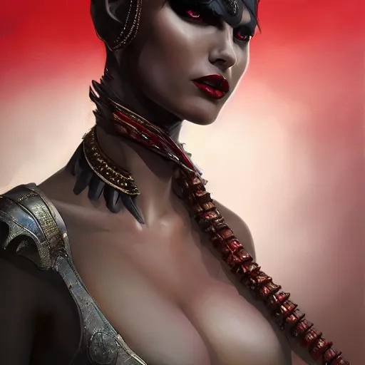 Image similar to portrait of cleopatra upper body in bloody business suit, blood red eyes, vampire fangs, fantasy, intricate, elegant, highly detailed, digital painting, artstation, concept art, matte, sharp focus, illustration, art by aenaluck and roberto ferri and greg rutkowski, epic fantasy, digital painting