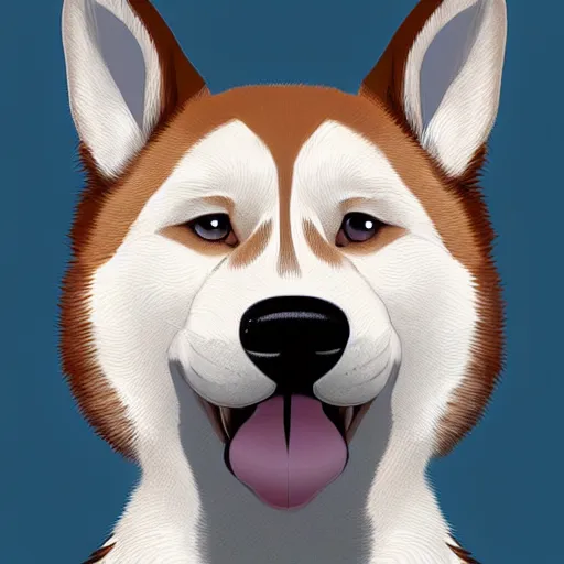 Image similar to a puppy, husky, german shepherd, pit bull mix, blue eyes, caramel brown ears, symmetrical, vertical broad white stripe on face, realistic, cute, beautiful, detailed by Goro Fujita