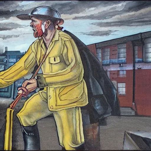 Image similar to A strong Glaswegian welder walks out of the shipyards, in the style of Peter Howson,