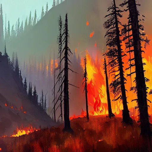 Prompt: forest fire in the Rocky Mountains, by Ismail Inceoglu,