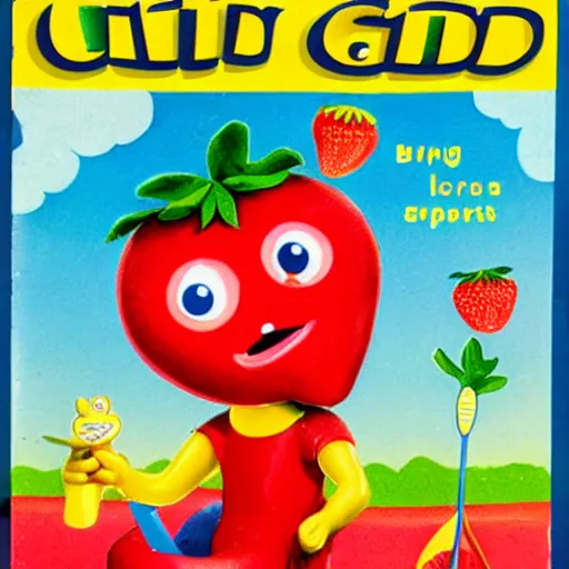 Prompt: a cartoon strawberry with big eyes, arms and legs, drooling, holding a bright yellow tooth brush, in the style of little golden books