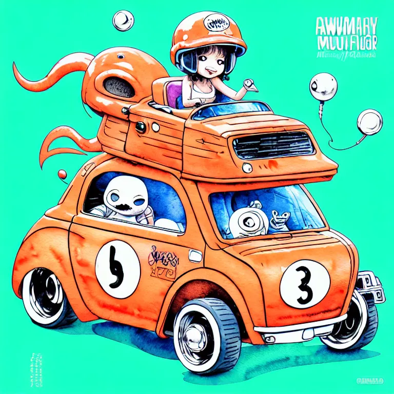 Prompt: cute and funny, pawg wearing a helmet riding in a tiny hot rod with an oversized engine, ratfink style by ed roth, centered award winning watercolor pen illustration, isometric illustration by chihiro iwasaki, edited by range murata, tiny details by artgerm and watercolor girl, symmetrically isometrically centered, sharply focused