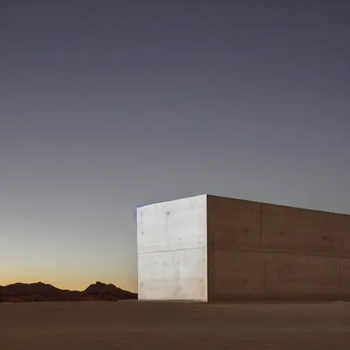 Image similar to big concrete structure in the desert at night, neon lights, minimalist architecture, james turrel,