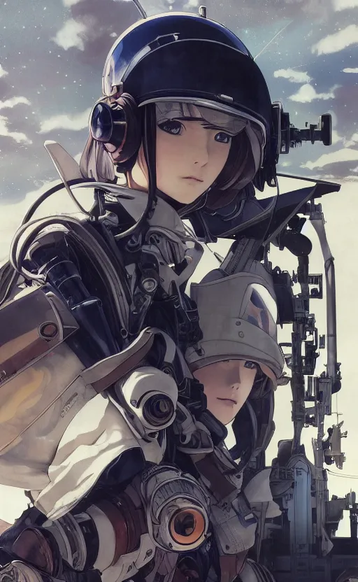 Image similar to pilot girl, cyborg aircraft parts, anime style, vintage pilot clothing, shoulder eyes, last exile anime, hair down, symmetrical facial features, from arknights, hyper realistic, 4 k, rule of thirds, extreme detail, detailed drawing, trending artstation, realistic lighting, by alphonse mucha, greg rutkowski, interior background