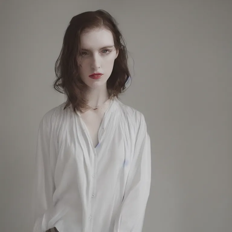 Image similar to hitch dreise blouse in a white room, beautiful face, pale skin, rule of thirds, cinematic lighting, rainy weather, melancholy atmosphere, sharp focus, backlit, stunning, model agency, smooth, hard focus, full body shot, instagram photo, shot on iphone 1 3 pro max, hyper realistic,