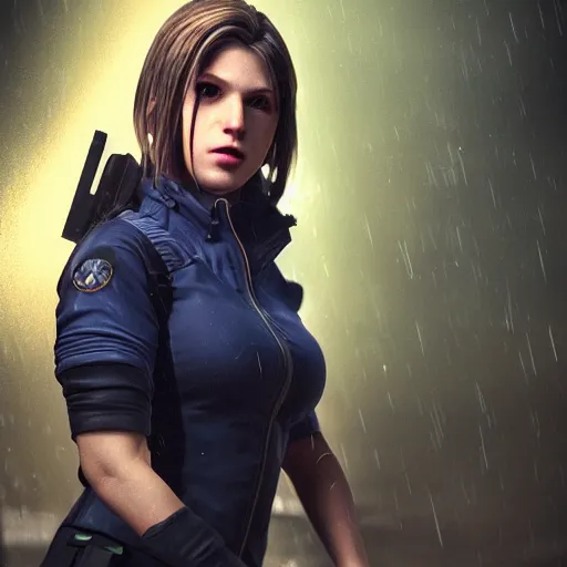 Image similar to Beautiful jill valentine in real life, face centered portrait, Confident, fog, rain, volumetric lighting, beautiful, golden hour, sharp focus, ultra detailed, cgsociety by Leesha Hannigan, Ross Tran, Thierry Doizon, Kai Carpenter,Ignacio Fernández Ríos