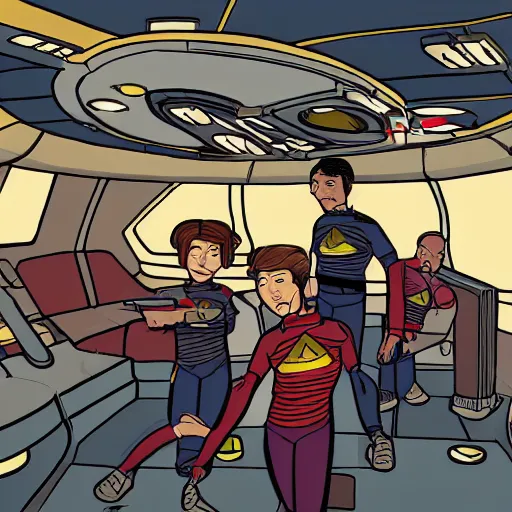 Prompt: a starfleet crew on the deck of their starship in the style of bill watterson high quality