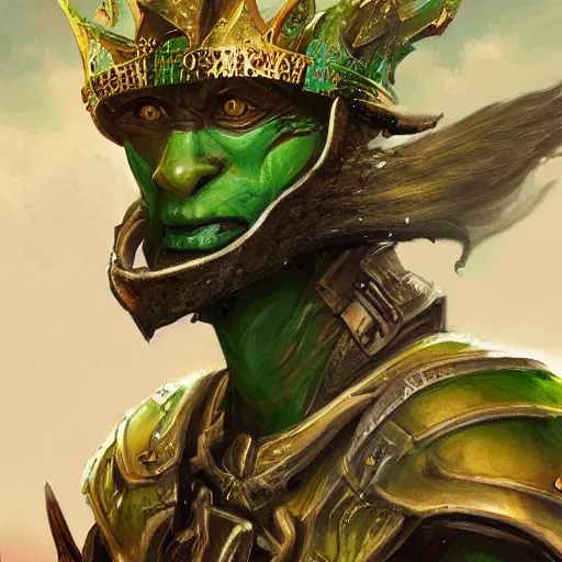 Prompt: half - length portrait of a goblin warrior. green skin, gold crown. fantasy, digital painting, hd, detailed.