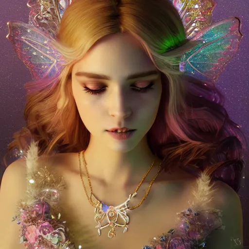 Image similar to portrait of fairy princess, glowing, ornate and intricate jewelry, jaw dropping beauty, glowing background lighting, white accent lighting, hyper detailed, fairy tale, 4 k octane render