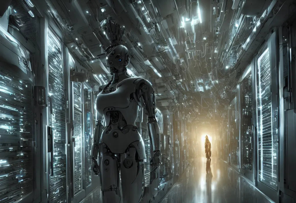 Image similar to shot of film cyborg, robot sci - fi, walking in server room in datacenter, natural light, elegant, atmospheric lighting intricate by barclay shaw, by karol bak, by yukito kishiro, octane render 8 k, detailed, beautiful composition, cyberpunk colors, ultra high details, cinematic composition, professional master piece