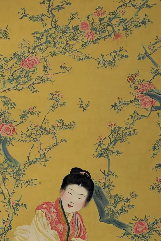 Image similar to an asian woman emerges from 1 9 th century yellow wallpaper decorated with sensual feminine faces by charles walter stetson