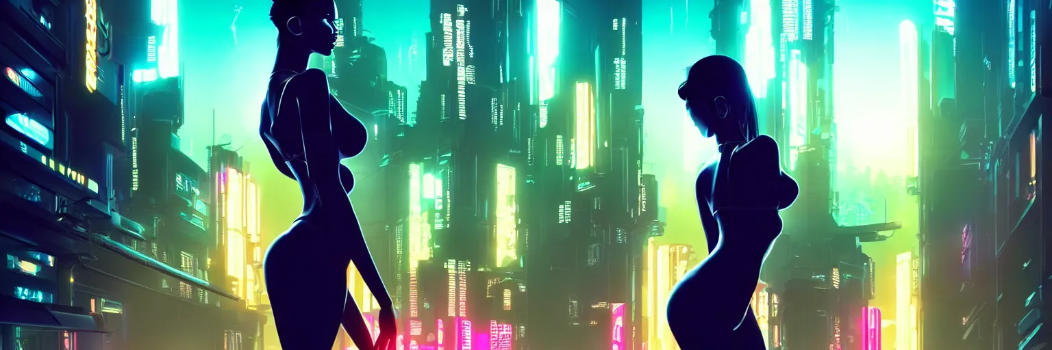 Image similar to backlit silhouette of a female humanoid in a cyberpunk cityscape, half body cropping, elegant glamor pose, accurate anatomy, cyber led neon lighting, bokeh, rule of thirds, hyper photorealistic, crispy quality, digital photography, art by pascal blanche, art by artgerm, art by greg rutkowski,