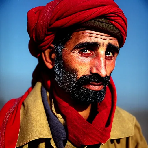 Prompt: portrait of felix beiderman as afghan man, green eyes and red scarf looking intently, photograph by steve mccurry