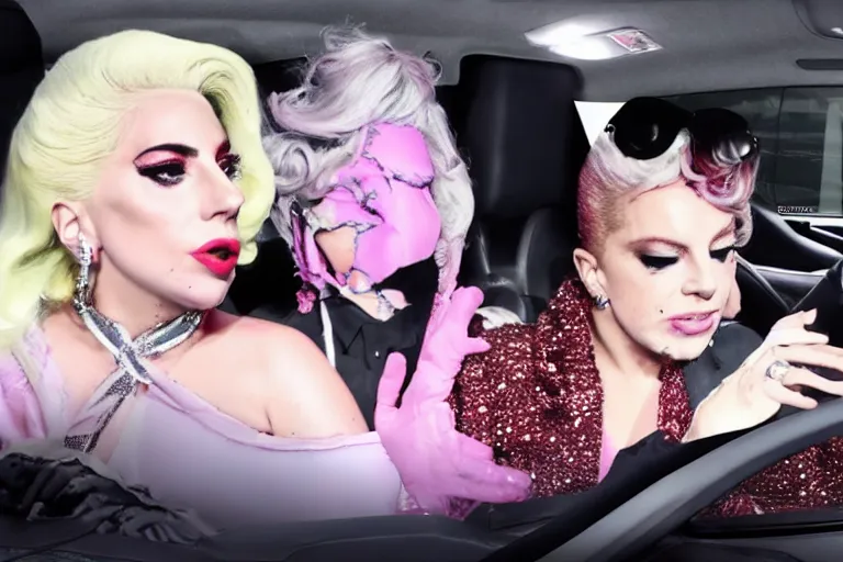 Image similar to lady gaga and judy garland carpool karaoke, highly realistic, highly detailed, high resolution, 8 k 4 k,